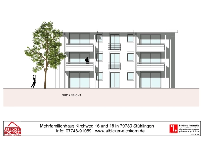 Süd-Ansicht bei Terrasse und Balkonen