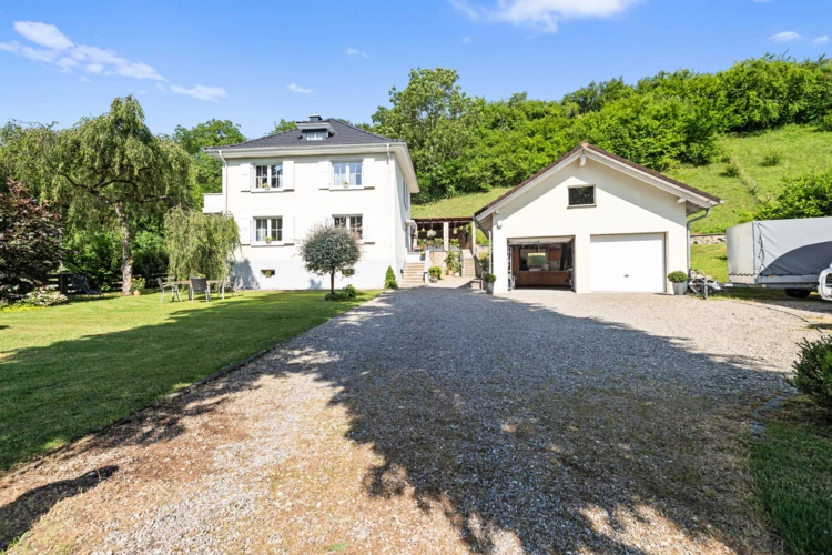 Einfahrt mit Haus und Garage